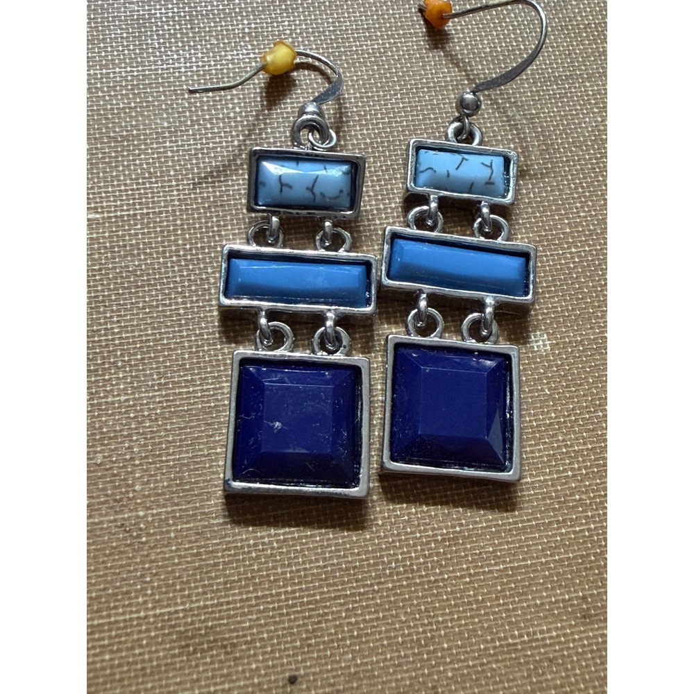 Blue Geometric Tiered Drop Earrings Silver-Tone Rectangular Square Dangle
